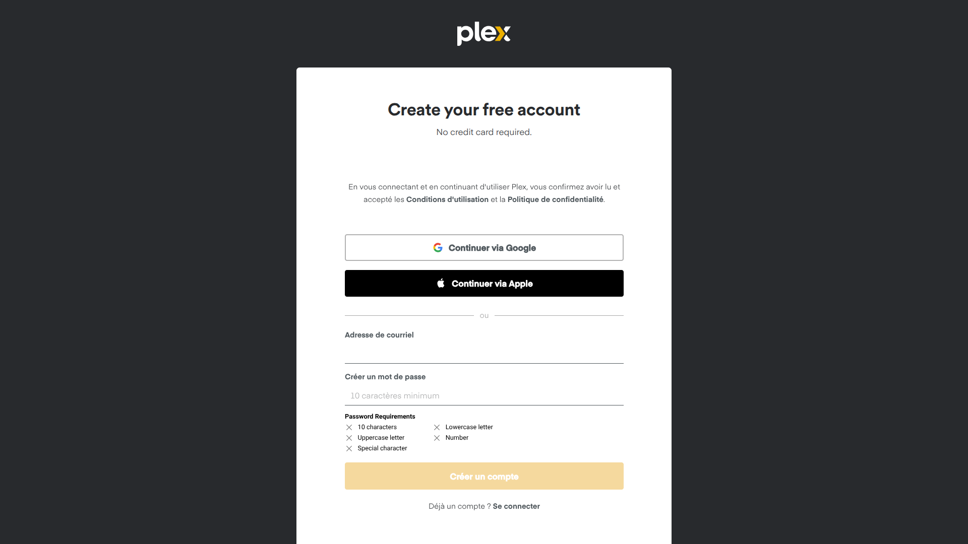 Création de compte Plex